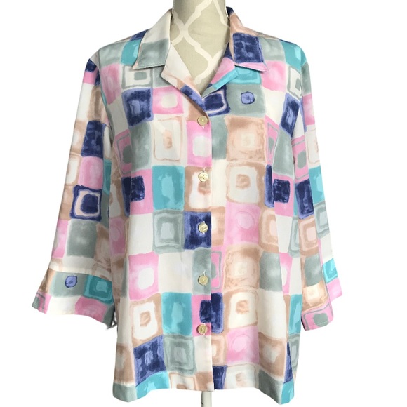 Vintage Tops - ✨2/$10 Last Chance✨ Vintage 80’s Blair 3/4 Sleeve Blouse Watercolour Pattern L